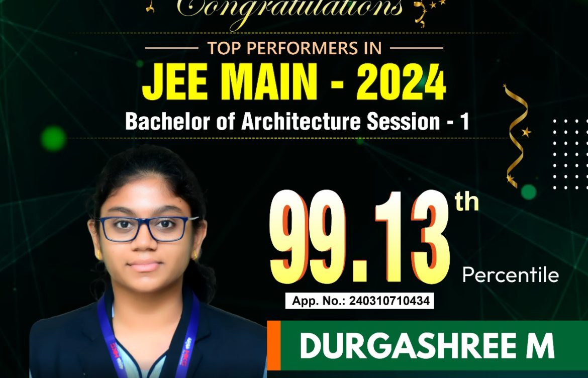 Miss Durgashree M Secures 99.13 Percentile in JEE Main Session 1